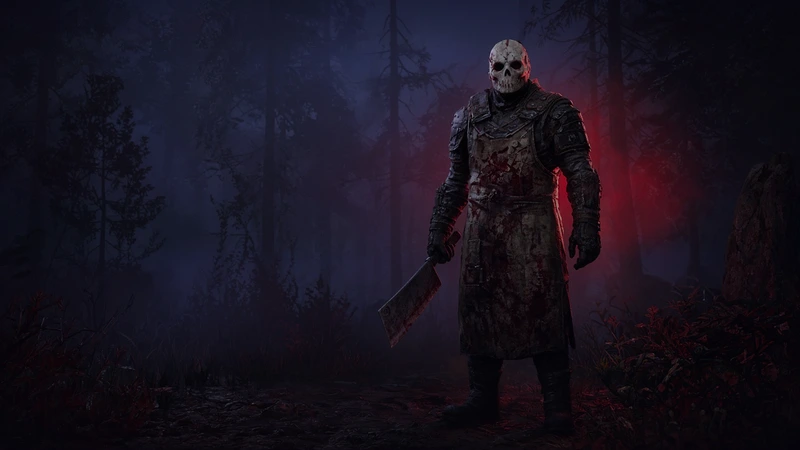The Trapper killer with red ESP glow in dark woods